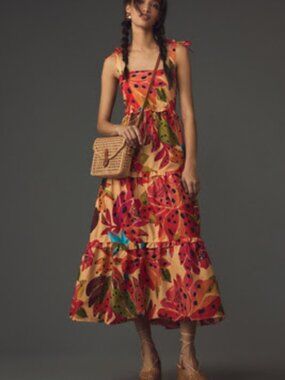 FARM Rio Tropical Leaf Tiered Maxi Dress in Cream, Red & Orange